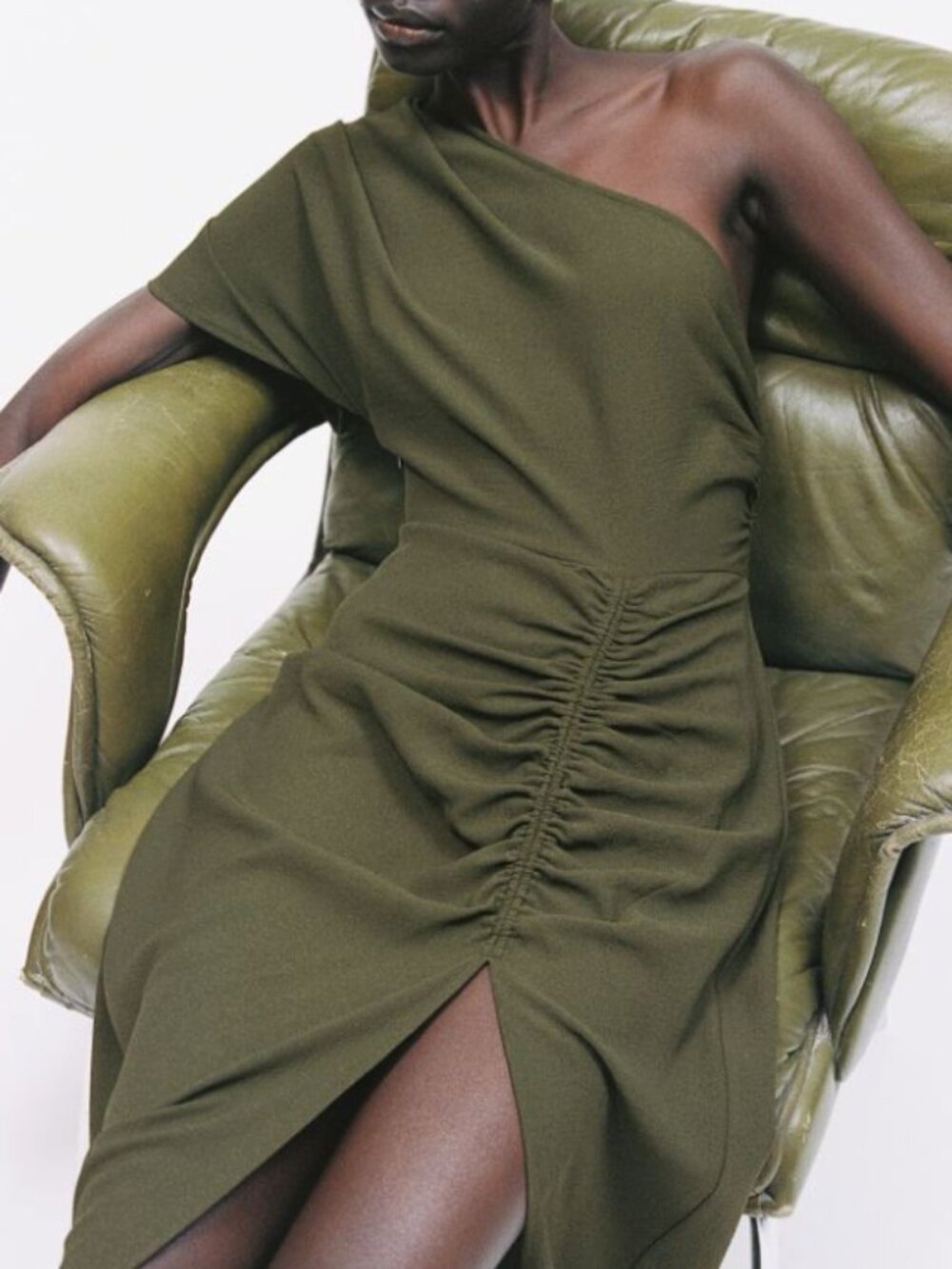 H&M Olive Green Ruched One Shoulder Dress